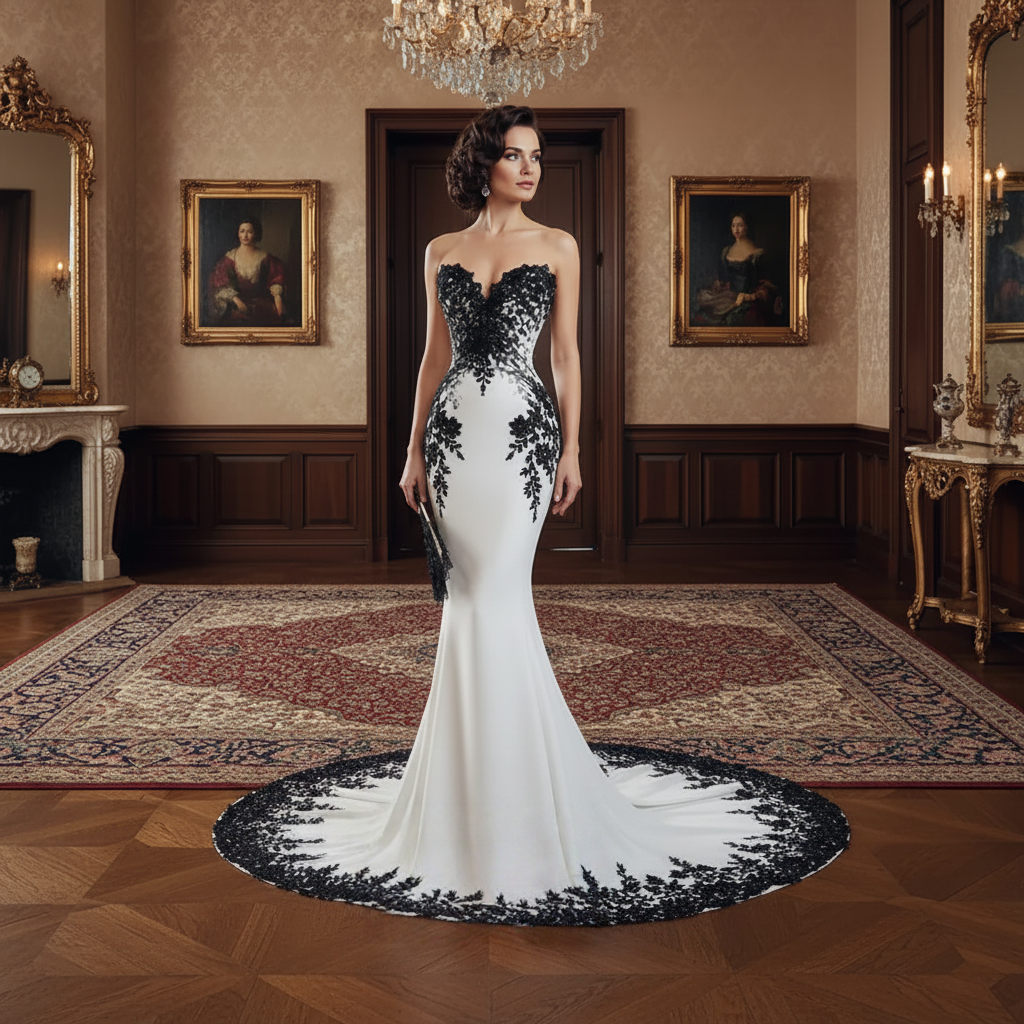 Gothic Black And White Mermaid Wedding Dresses Lace Appliques Sweetheart Neckline Sleeveless Satin Long Vintage Bridal Gowns Court Train