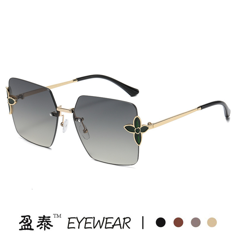 Luxury Brand Designer Sunglasses New Frameless Square Large Frame Sunglasses With Flower And Clover Design, European And American Trendy Fashion Gradi