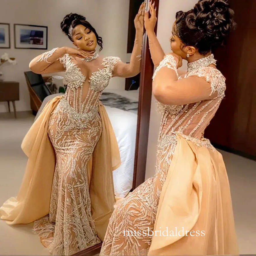 Champagne Mermaid Dresses Bridal Gowns With Detachable Train Illusion Long Sleeves High Neck Beaded Lace Wedding Gown For African Black Women D0327