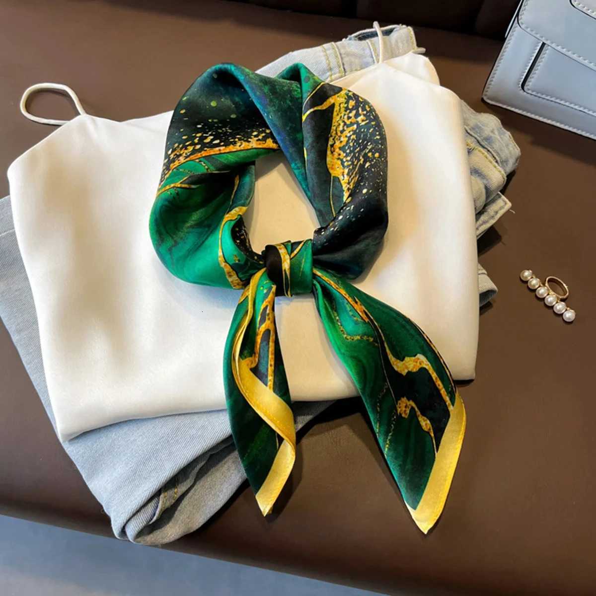 Dark Green River Print Neckerchief Vintage Imitation Silk Square Scarf Bandana Breathable Head Wrap Hair Accessories Z260330