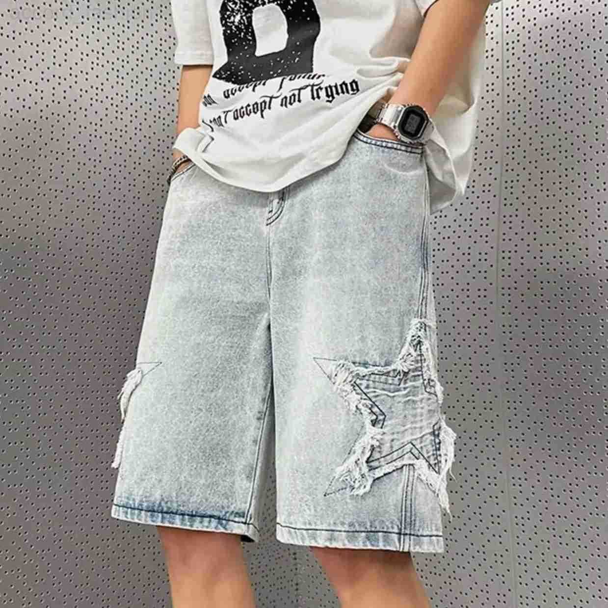Star Patchwork Yellow Clay Color Jeans Summer Men Denim Shorts Trendy Streetwear Five-point Pants Straight Jeans Shorts H260330