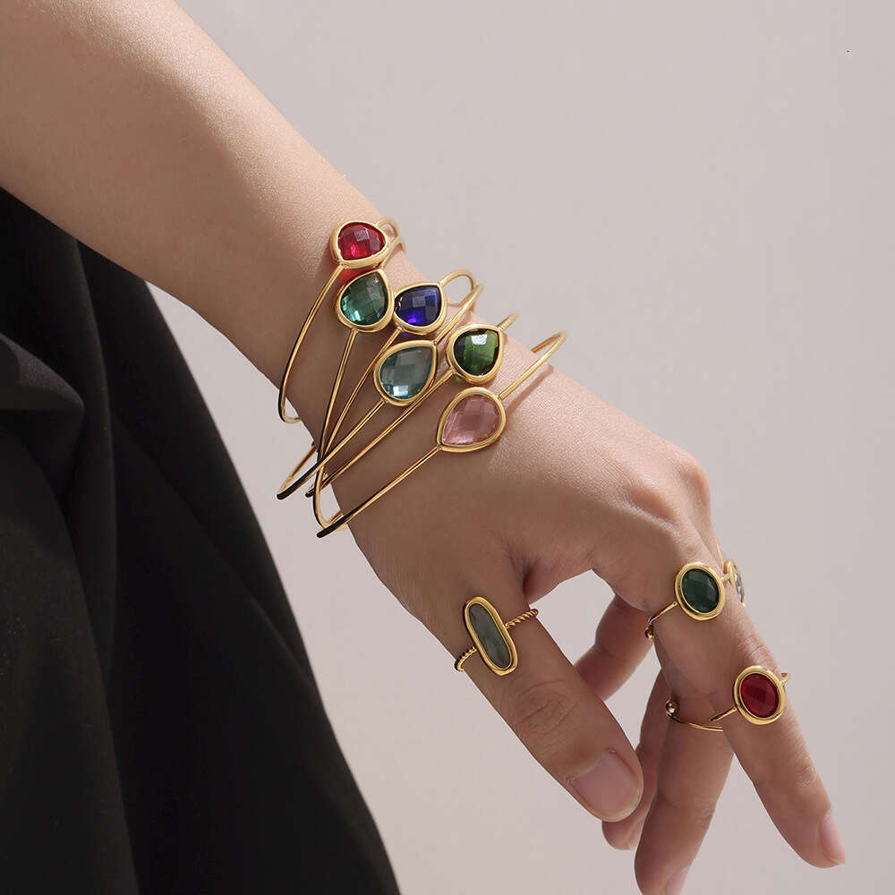 Water Drop Shaped Colorful Zircon Adjustable Open Bracelet For Women, Stainless Steel Plated With 18K Gold, Light Luxury And Simple Jewelry
