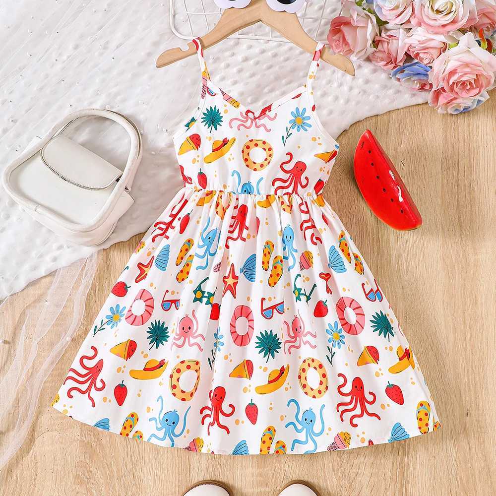 Girls summer vacation style printed casual dressT260330