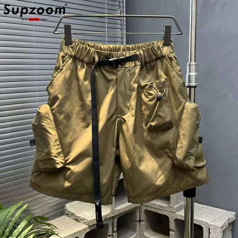 Supzoom New Arrival Top Fashion Summer Loose Casual Belt Design High Street Trendy Grid Stitching Pocket Personalized Shorts Men