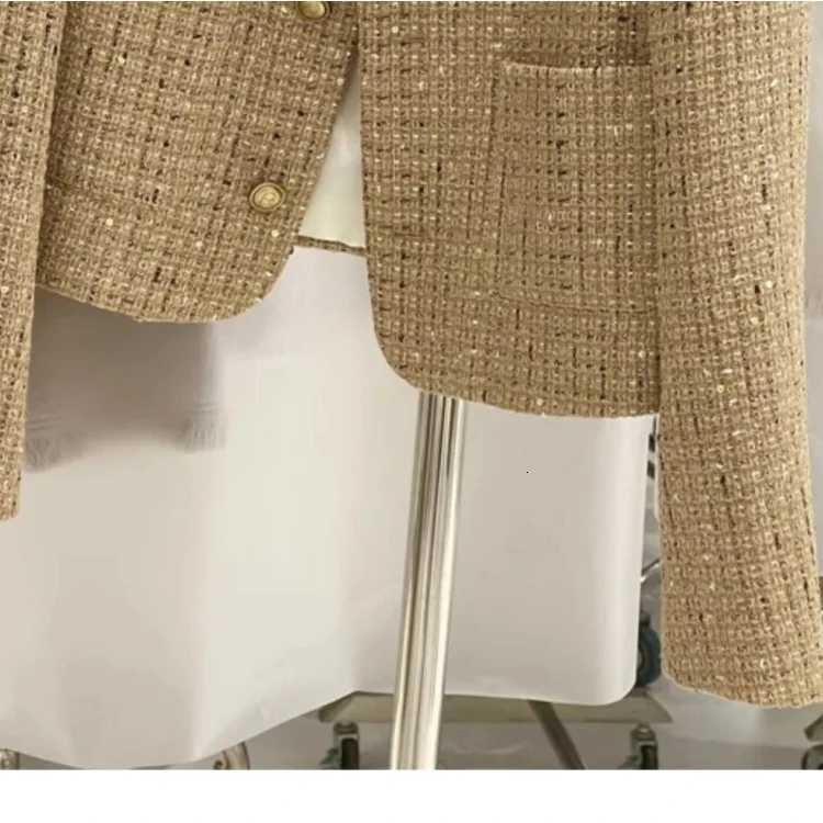 Elegant Cropped Tweed Wool Womens Jacket O-Neck Short Coat Solid Korean Style Golden French Look 2025 Autumn Fashion for WomenT260328