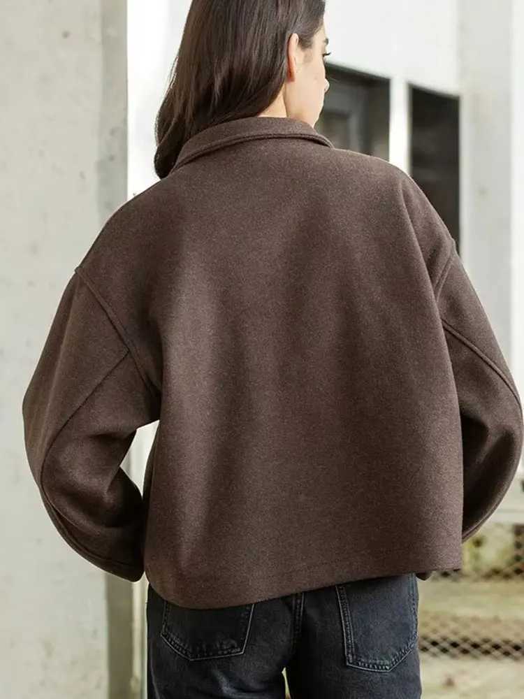 HH Fashion Brown Zipper Woolen Jacket For Women Elegant Lapel Long Sleeve Short Coats Vintage Autumn Lady Street OuterwearT260328