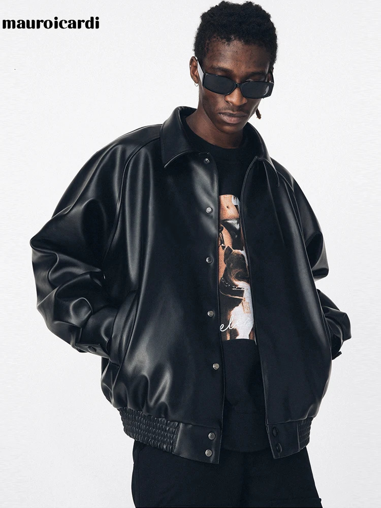 Mauroicardi Autumn Casual Oversized Black Pu Leather Jacket for Men Style Raglan Sleeve Turndown Collar Loose Korean Fashion 260327