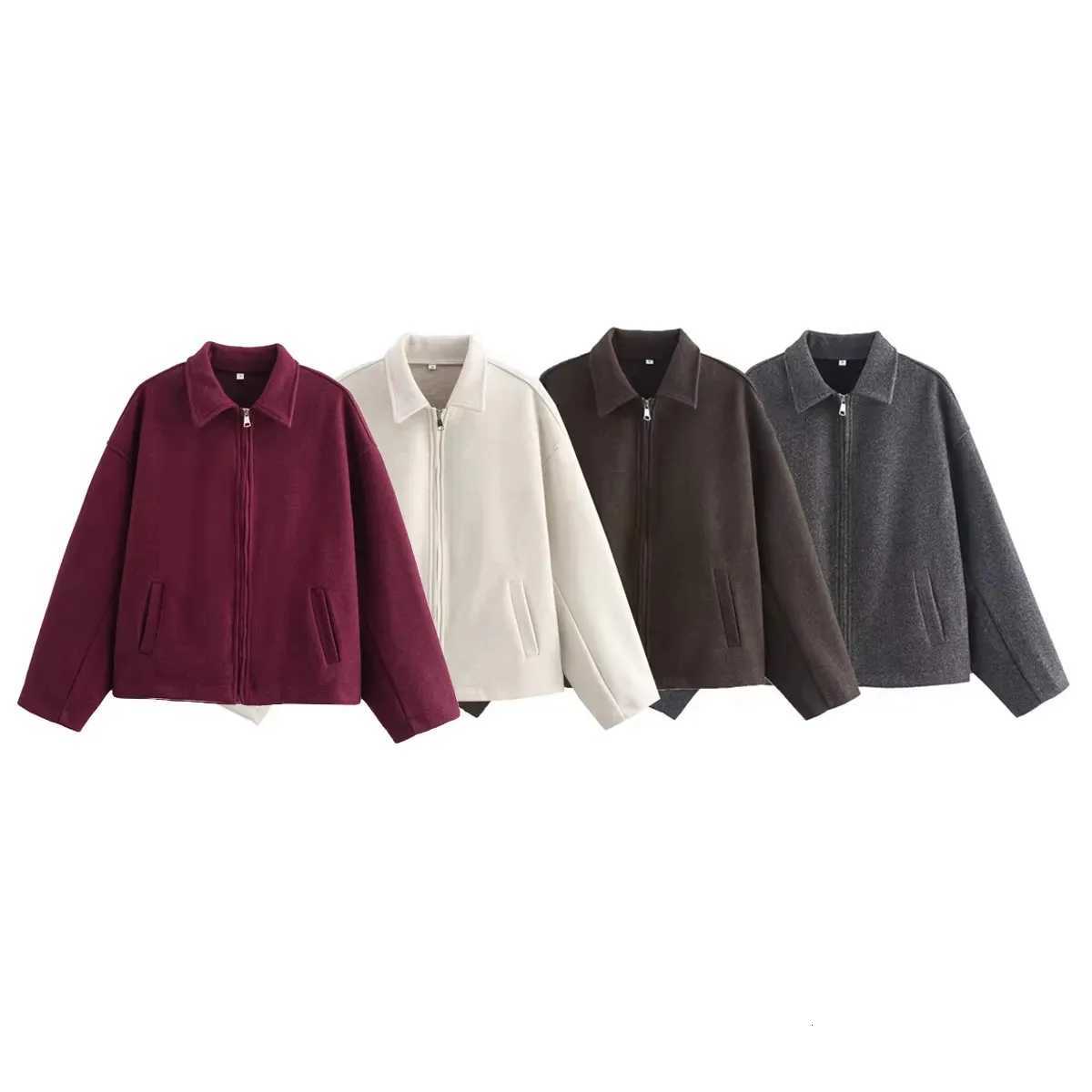 HH Fashion Brown Zipper Woolen Jacket For Women Elegant Lapel Long Sleeve Short Coats Vintage Autumn Lady Street OuterwearT260328