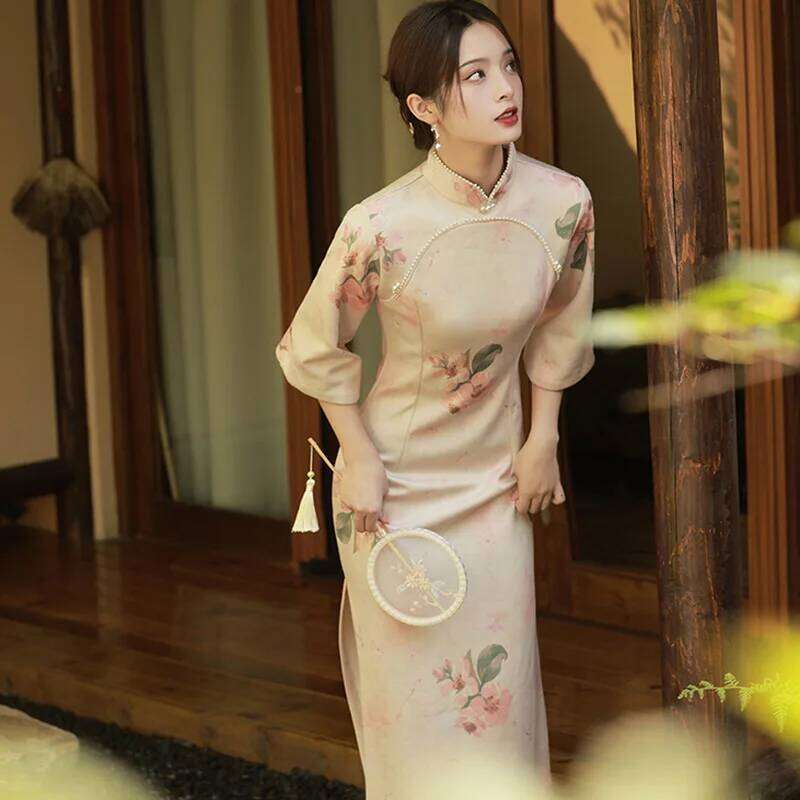 Pink Cheongsam Women2022 New Improved Qipao Spring Vintage Style Suede Young Girl 3/4 Sleeve Long Dresses MAKOUFEI