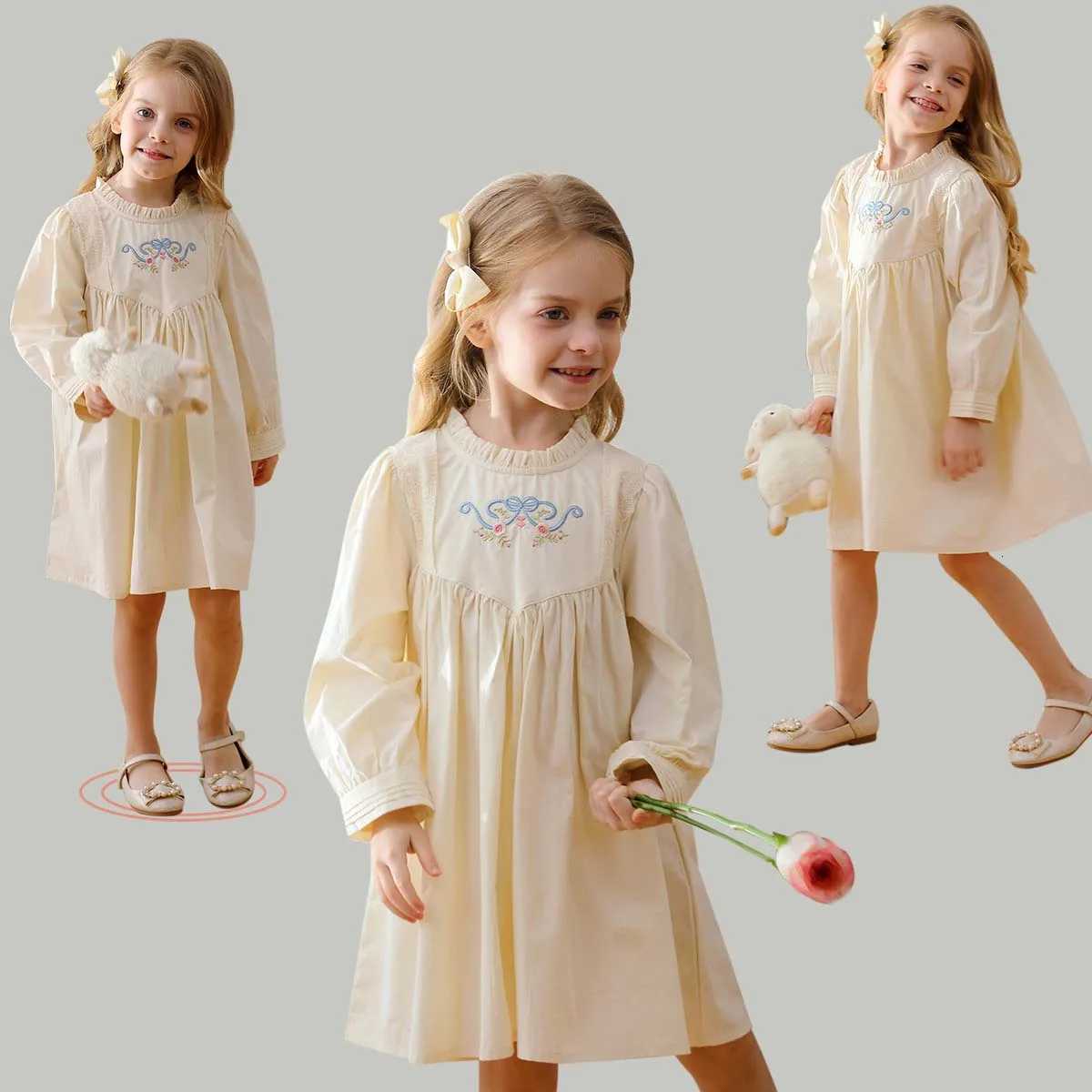 French Kids Girls Princess Dress Cotton Floral Embroidery Infant Babys Girls Dress Spring Toddler Baby Girls Long Sleeve DressT260330