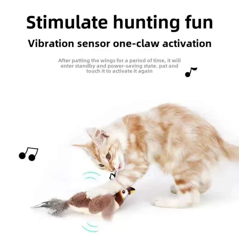 Interactive Toys Electric Pat Bird with Cat Teaser Pole Dog Cats Touch-Activated Squeaky Catnip USB Rechargeable Plush Toy