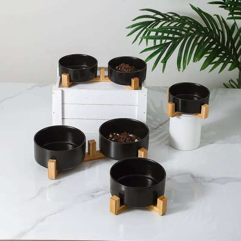 FGG Ceramic Dog Food Cat Drinking Water Double Protection Cervical Spine Black Pet Bowl 26W0330