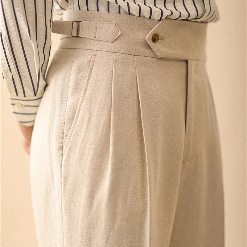 Linen Straight Pant For Men Summer Business Gentleman Naples Pant Paris Buckle Drape High Waisted Trousers Men Formal Pant 260327