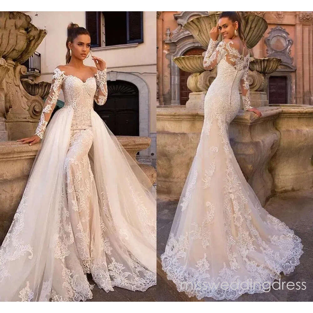 Long Sleeves Vintage Mermaid Wedding Dresses with Detachable Skirt 2 in 1 Luxury lace applique garden farm bridal gowns robes ZD12