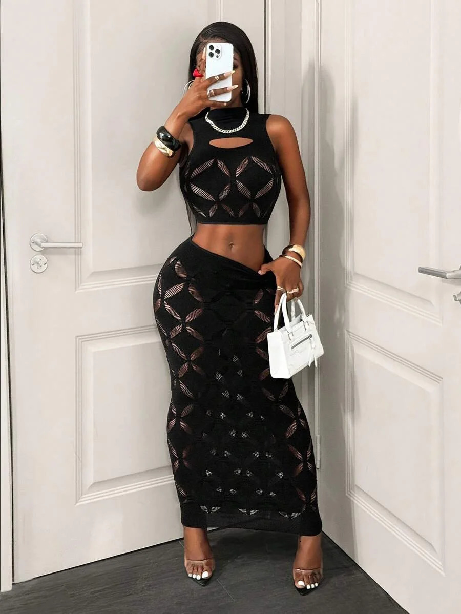 FHSEER 2PCS Womens Sexy Set Plus Size Black Mesh Hollow Out Crop Tank High Waist Bodycon Mini Skirt Lace Stretechy Clubwear 260330