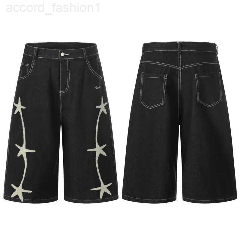 FEWQ 2026 New American Retro Mens Denim Shorts Star Embroidered Decoration Straight Leg Male Pants 24W1341 H260330