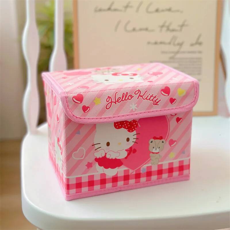 Hello Kitty Kawaii Kuromi Cinnamoroll Desktop Organizer Cosmetics Stationery Flattenable Dust-proof Flip Desk Storage Box