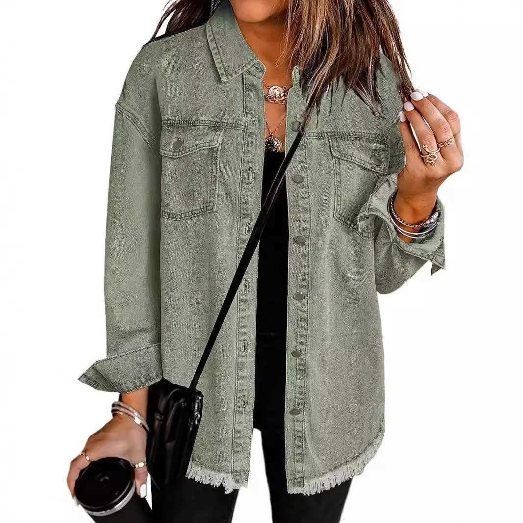 New Washed Denim Shirt Jacket for Women Fall/Winter Street Style with Distressed Hem Womens OuterwearT260328