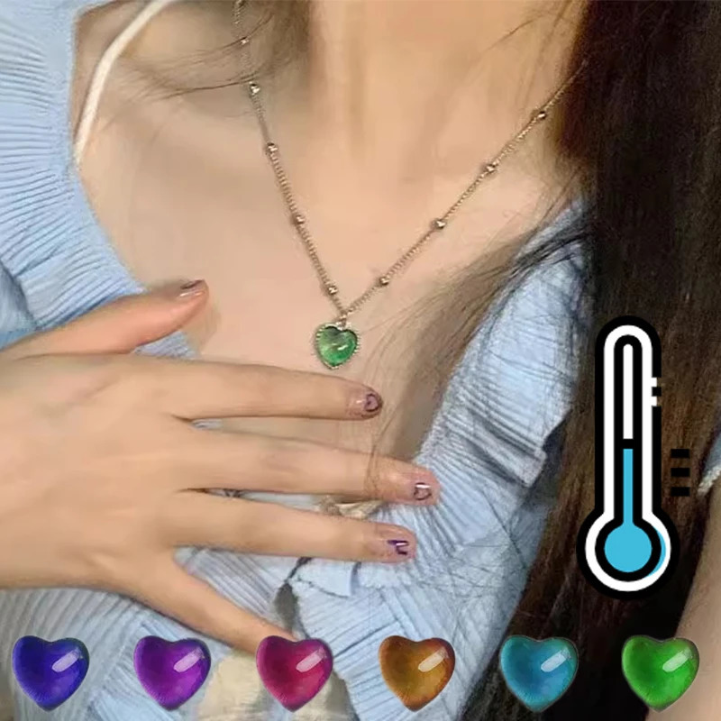 Thermochromic Mood Monitor Heart Pendant Necklace Color Change As Emperature Women Girls Clavicle Chain Necklaces Lover Jewelry 260327