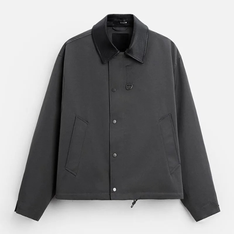 Spring Autumn Mens Patchwork Leather Collar Loose Long Sleeved Jacket Technology Fabric Coat 260327