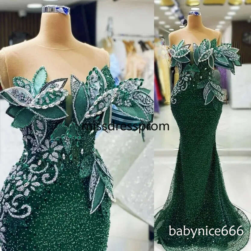 Glitter Green Mermaid Prom Dresses for Black Girls 2026 Special Occasions Sheer Neck Sequined Lace Pearls Decorated Rhinestones Beaded Evening Gala Go