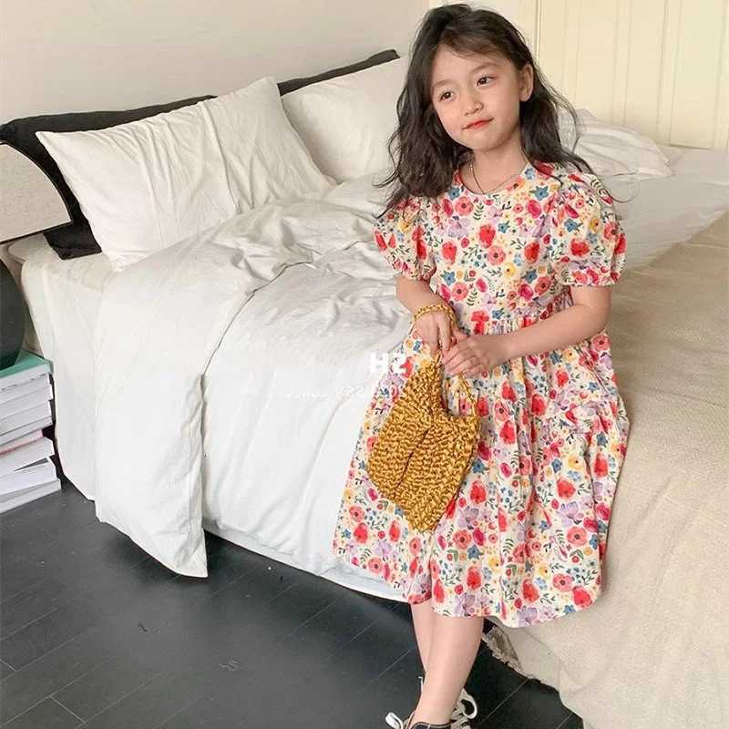 Children Summer Cute Dresses Girls Print Floral Vestidos Baby Casual Short Sleeves Dress 2024 New Kids Puff Sleeve ClothingT260330
