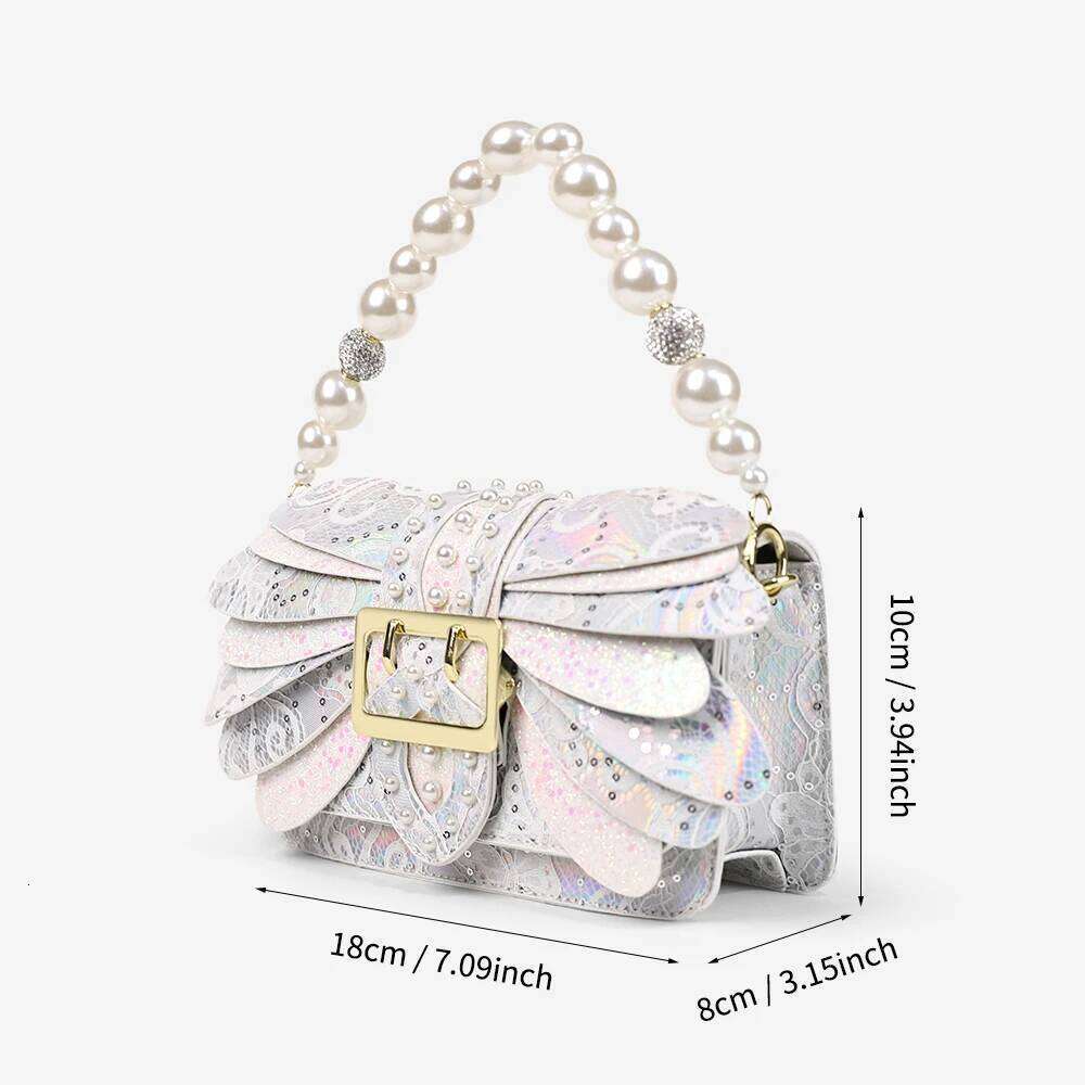 2026 Women's Patterned Winged Handbag With Rivet Design Pearl Chain Single-Shoulder Crossbody Bag Fashionable Niche Style