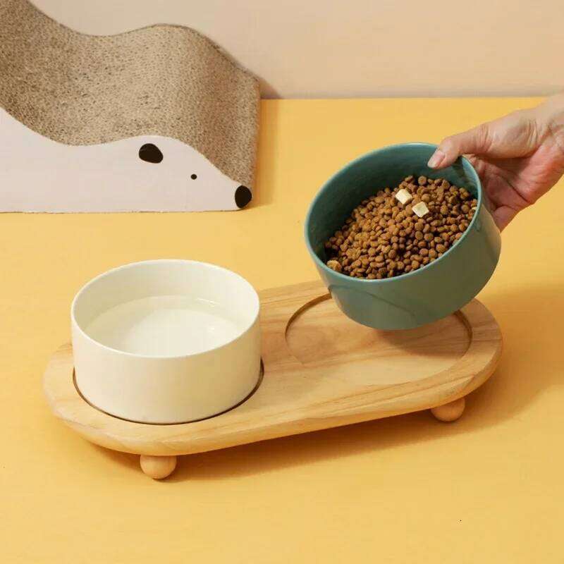 1800ML Ceramic Small Dog Food Water Bowl Elevated Cat Large Capacity Double Feeding Bowls with Wooden Stand Pet Drink Eat Feeder 26W0330