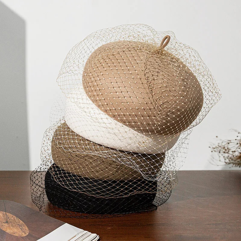 Playful Wool Lace Beret Hat with Net Women Tulle White Berets Warm Vintage Elegant French Winter Hat Female Painter Cap 260324