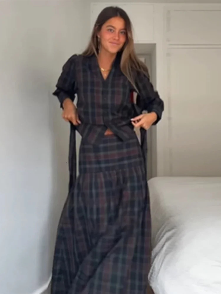 Women Casual Pleated Checkered Lace Up Suit Elegant Long Lantern Sleeves Slimfit Set Autumn Office Lady Commuteoutfits 260326
