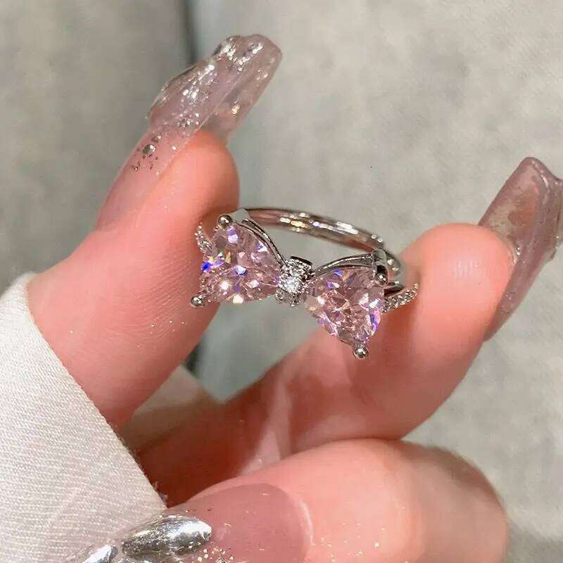 Ring Pink Bow Zircon Women New Niche Design Summer Adjustable Open Ring For Index Finger Visionice