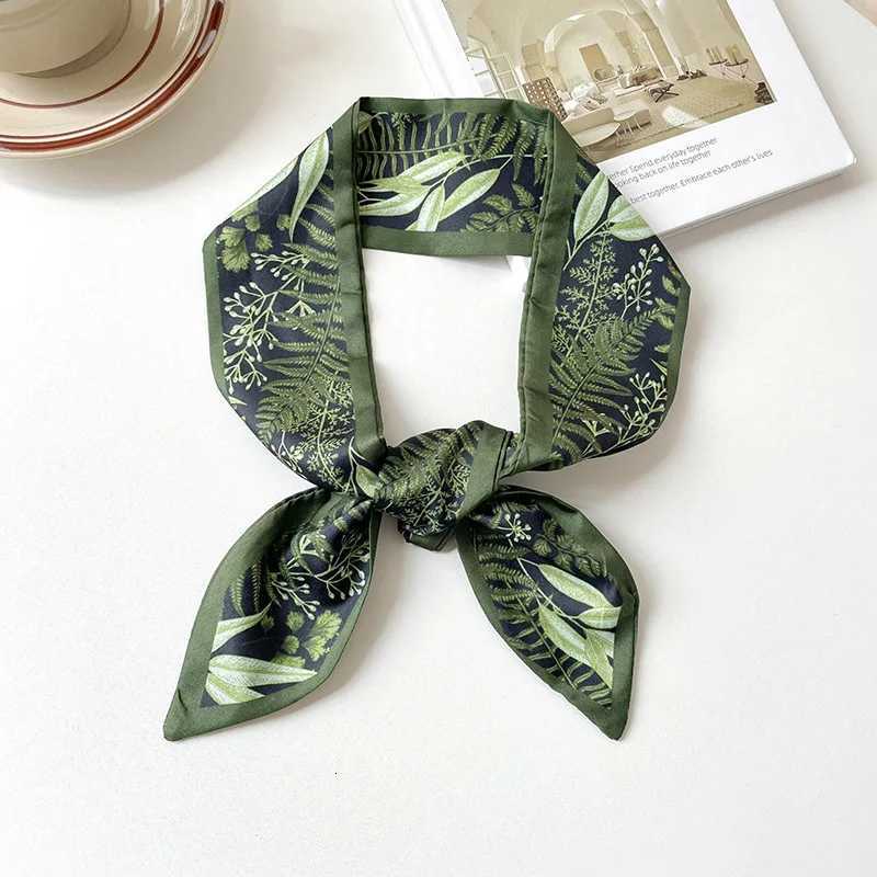 Green Burgundy Leaf Print Silk Scarves Girls Retro Bowknot Hairbands Wen Ribbons band Ponytail Holder Hair Accessories X260328