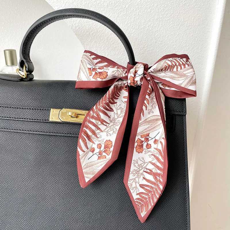 Green Burgundy Leaf Print Silk Scarves Girls Retro Bowknot Hairbands Wen Ribbons band Ponytail Holder Hair Accessories X260328