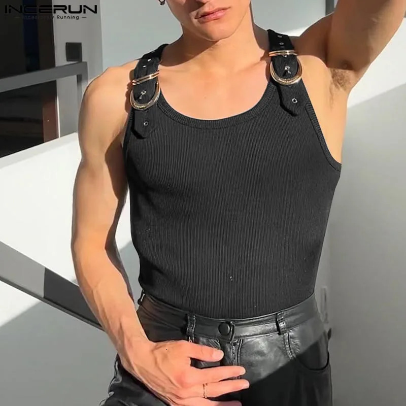 INCERUN Tops American Style Fashion Men Deconstruction n Metal Buckle Mesh Vests Casual Streetwear Male Solid Tank 260312
