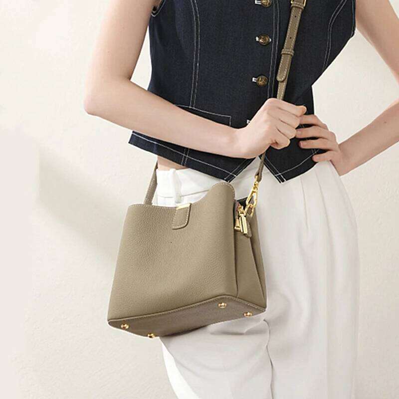 Hifashion Cow Genuine Leather Bucket Shoulder Crossbody Bags For Women Designer Wide Strap Tote Ladies Handbags