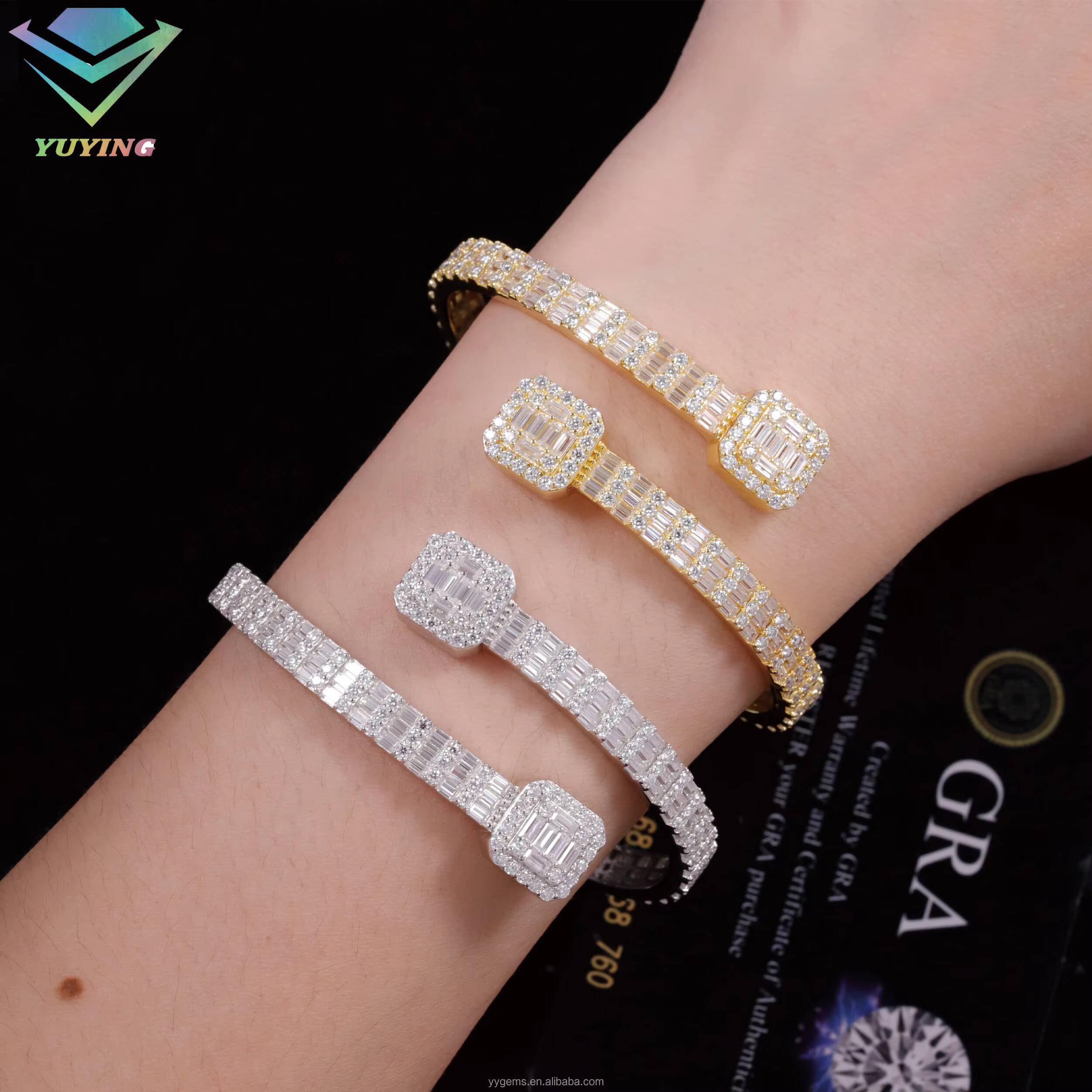 New Arrival Fashion Design S925 Silver 18k Gold Plated VVS Moissanite Baguette Diamond Cuban Link Bracelet with GRA Certificate