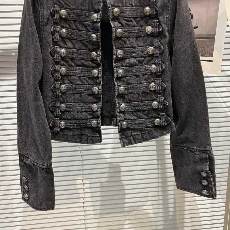 Punk Style Black Stand Up Collar Denim Jackets Vintage Washed Motor Coat For Women 2025 Autumn New Loose Long Sleeve OuterwearT260328