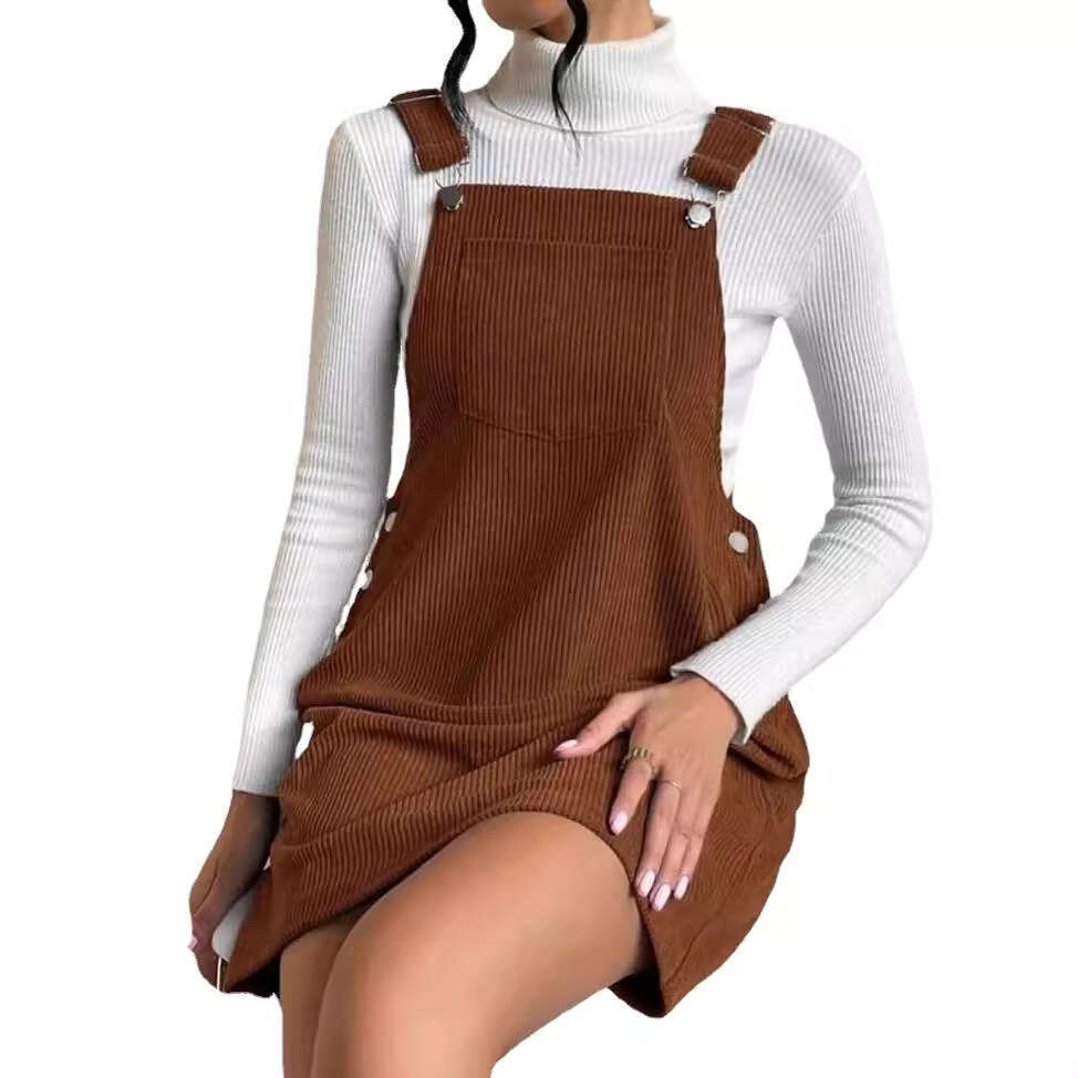 2026 New European and American Spring Corduroy Loose Sleeveless Strap Dress in Solid Color