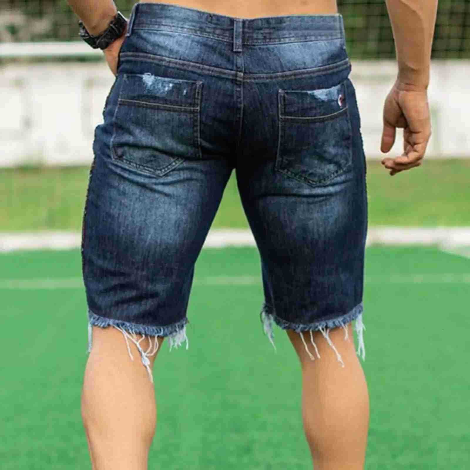 Men Jeans Denim Pants Holes Washing Knee Length Mid Waist Pockets Zipper Fly Solid Color 2025 Slight Strech Casual Slim H260330