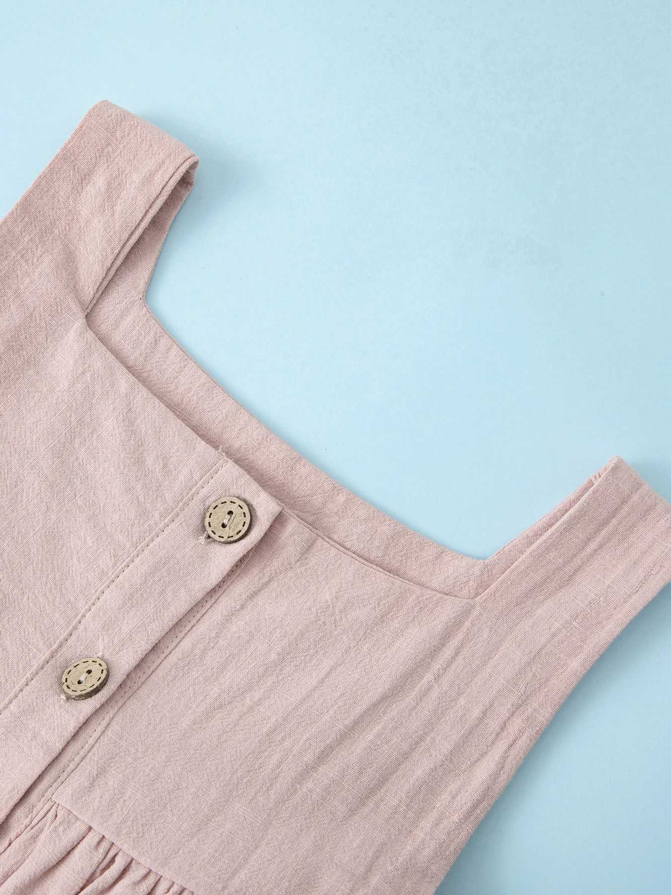 Summer kids clothes solid color suspender girl frocks linen cotton sleeveless summer dressT260330