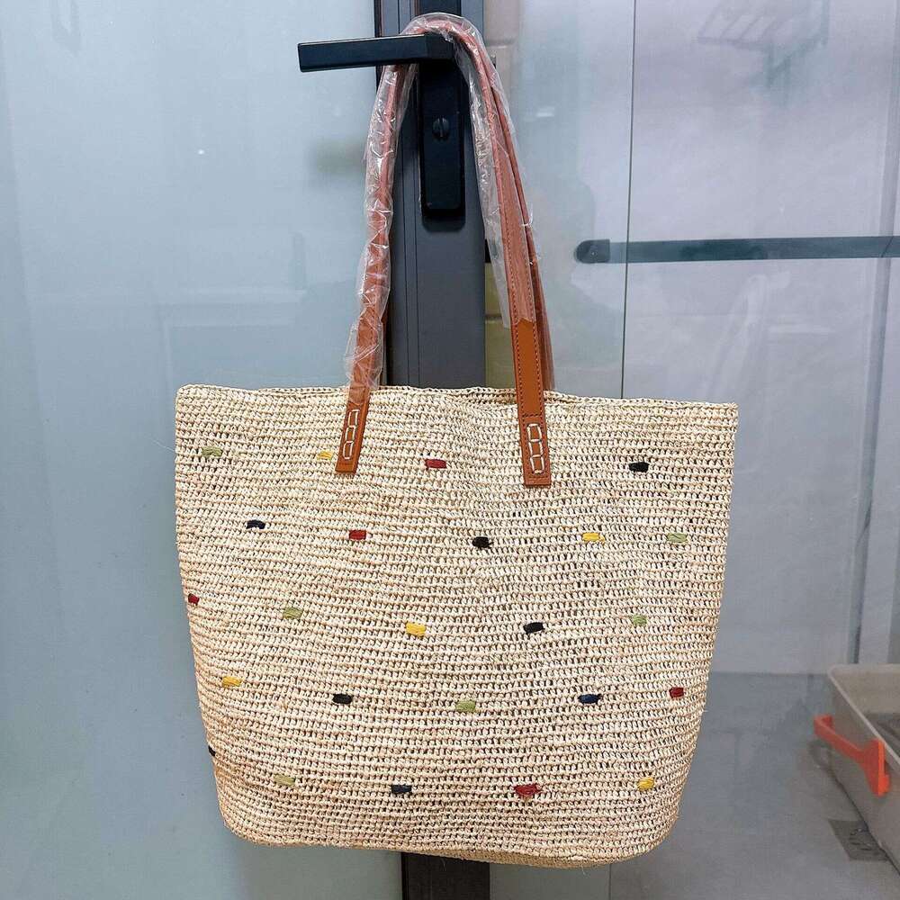 Totebag Shoulder ROSE NOIRE Japanese Style Hand Crocheted Raffia And Genuine Leather Strap Woven Women Embroidered Tote For Seaside Vacations Shoulder