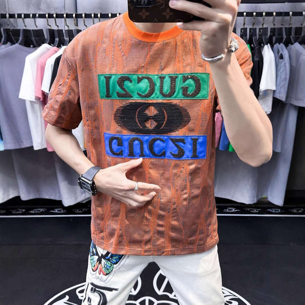 European men's high-end ripped patchwork embroidered round-neck short-sleeve T-shirt, luxury new summer American style half-sleeve
