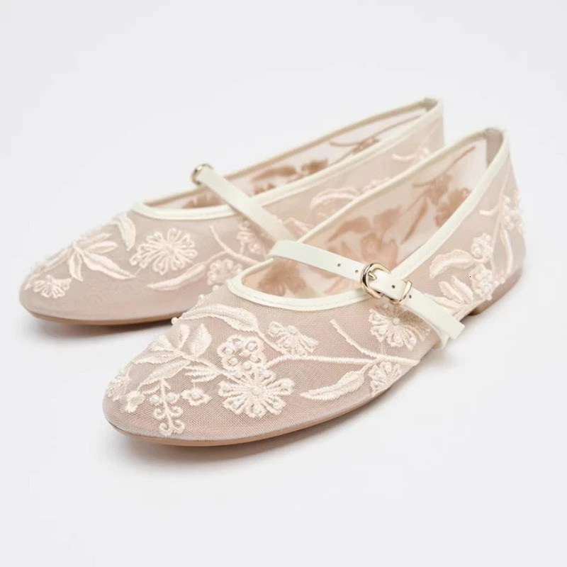 Mesh Embroidery String Bead Women Ballet Flats Fashion Buckle Breathable Mary Jane Shoe Comfort Low Heel Soft Flat Sandals 260323