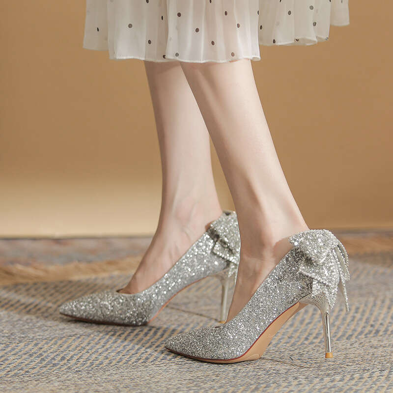 Women French Crystal Bow High Heels Elegant Socialite Party Xiuhe Sequin Bride Bridesmaid Shoes