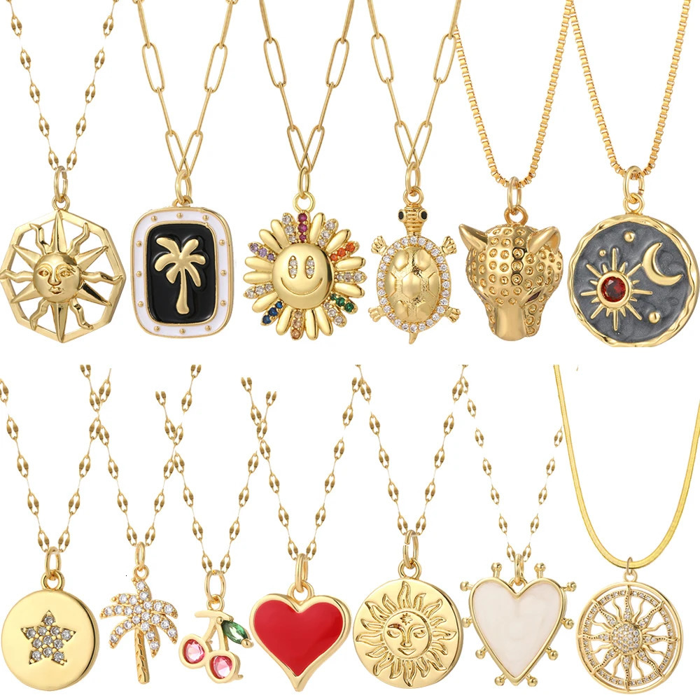 Cute Sun Heart Necklace for Women Tree Flower Pendant Long Stainless Steel Chain Collars Gold Color Choker Office Lady Party 260327