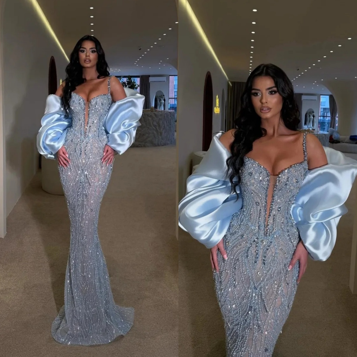 Modern Spaghetti Straps Mermaid Evening Dresses Crystal Sequins Prom Dress with Shawl Slim Fit Customized Party Gown Vestidos De Noche Plus Size