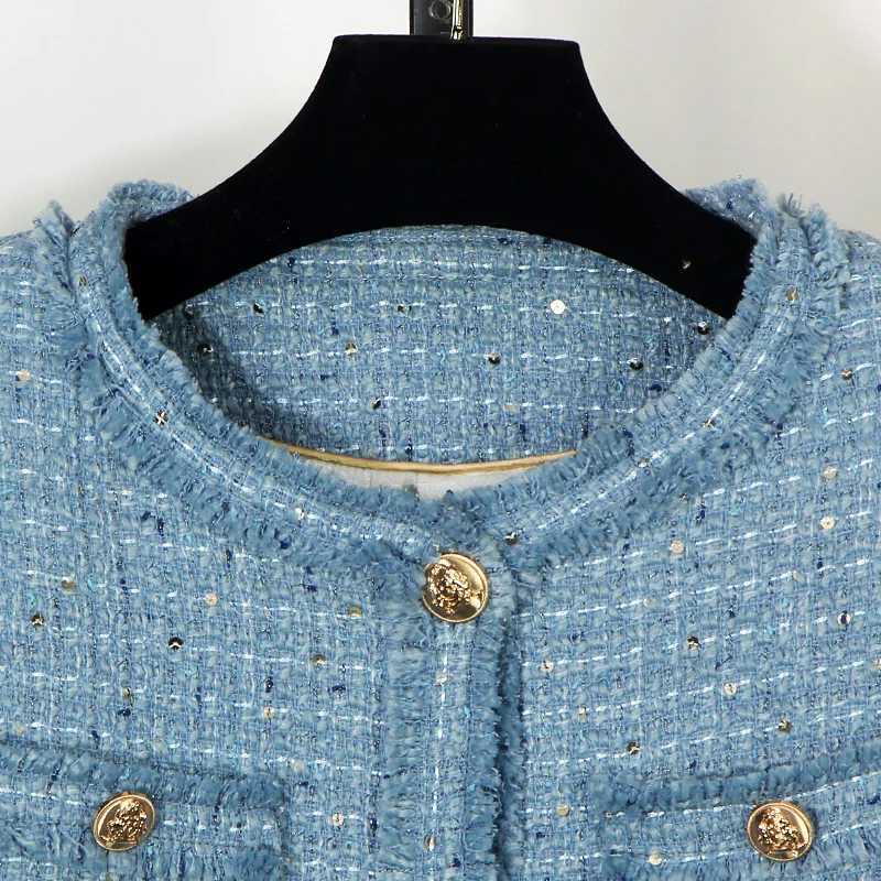 Elegant round Neck Sequin Tweed Braided Jacket Light Luxury Single Bretted High-End Fashion for Celebrity Heavy IndustryT260328