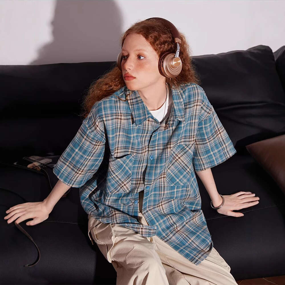 American Retro Plaid Short-Sleeve For Women, Loose-Fitting, Versatile Couple's Shirt