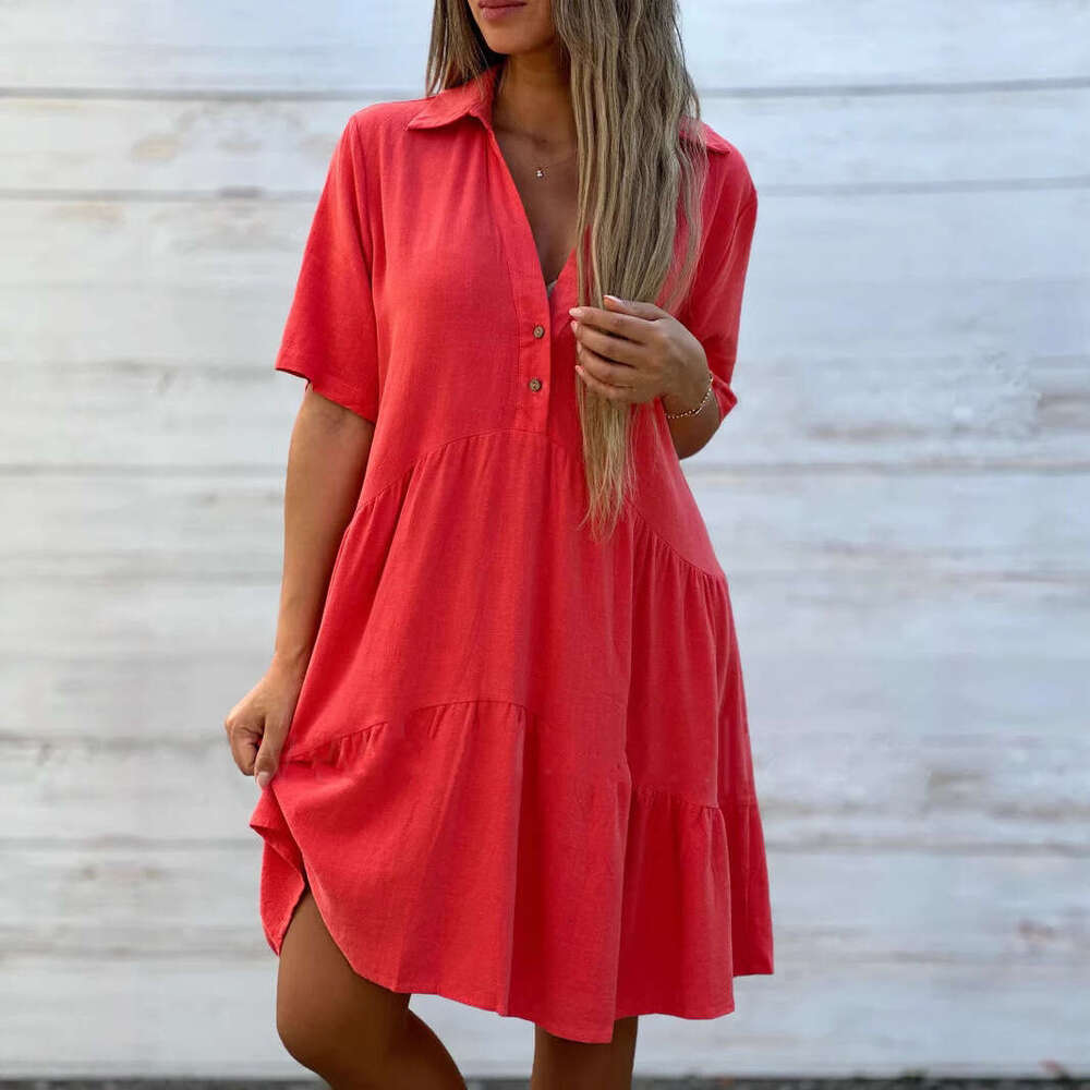 New European and American women's clothing for cross-border trade, Amazon dress, loose-fitting solid color, collared, casual short-sleeve cotton-