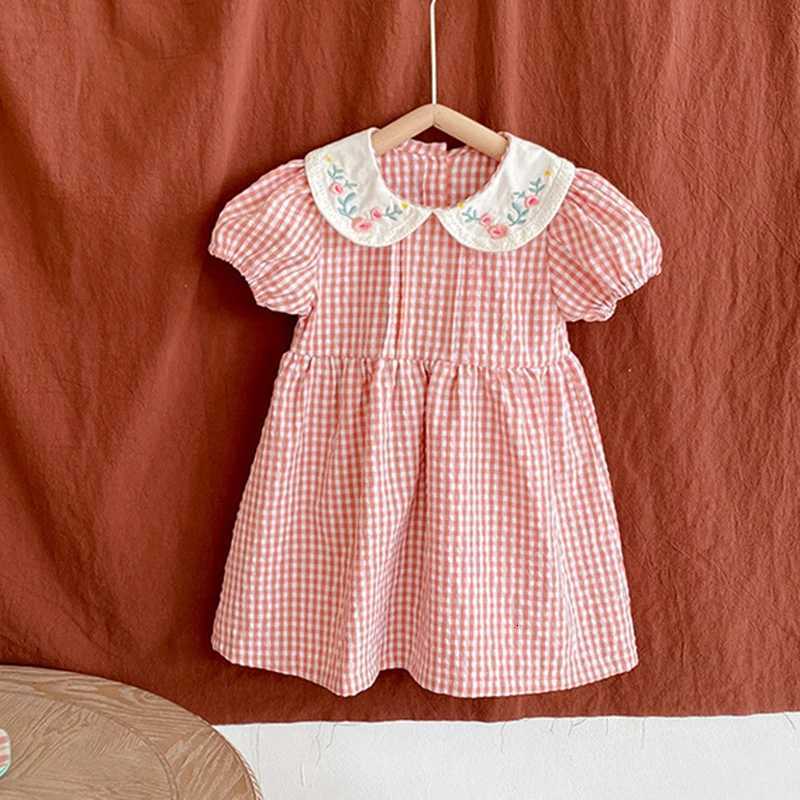2-6Yrs Summer Girl Draped Dress Children Dress Pink Plaid Turn-Down Collar Kids Clothes Embroidery Toddler Baby Girls ClothingT260330